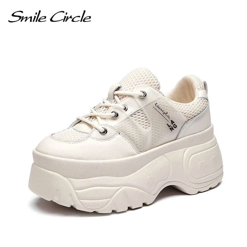 Smile Circle Genuine Leather Sneakers Women Flat Platform Shoes Autumn Breathable mesh women Thick bottom shoes - Цвет: Бежевый