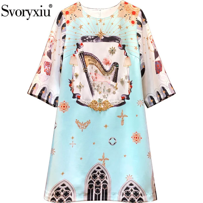 

Svoryxiu 2021 Fashion Runway Spring Summer Loose Short Dress Women's Half Sleeve Crystal Diamond Print Blue Dresses Vestdios