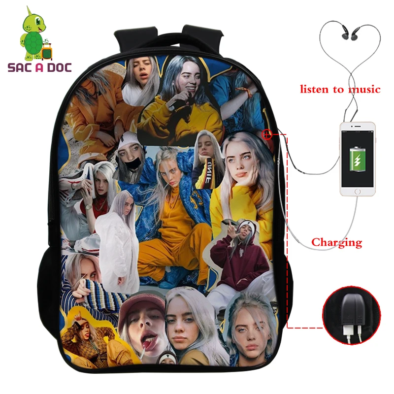 Темно-синий Billie Eilish рюкзак, школьные сумки, 16 дюймов, Детские рюкзаки, детский рюкзак для девочек, рюкзак для путешествий, рюкзак с USB зарядкой - Цвет: Темно-синий