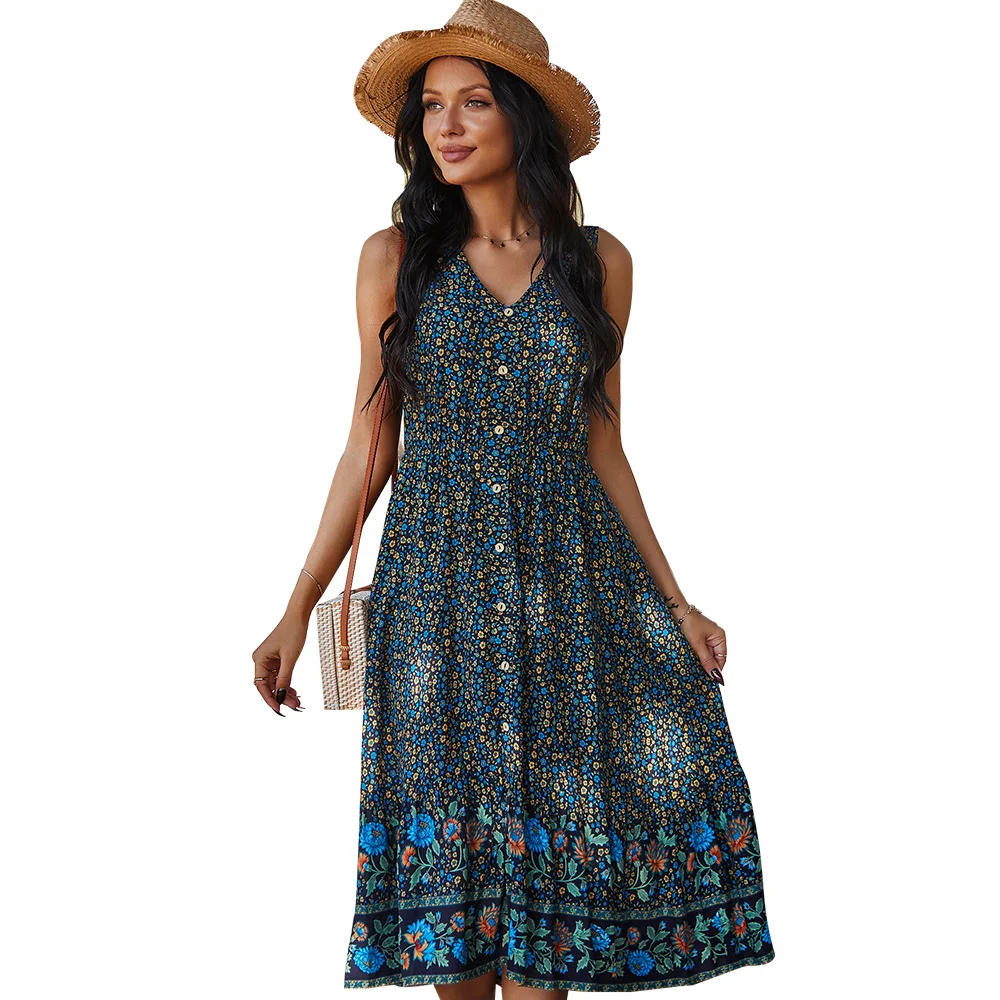 

Yg Brand New Women's Clothing 2021 Summer New European And American Women's Waist Dress V-neck Printing Retro Casual Vest Skirt