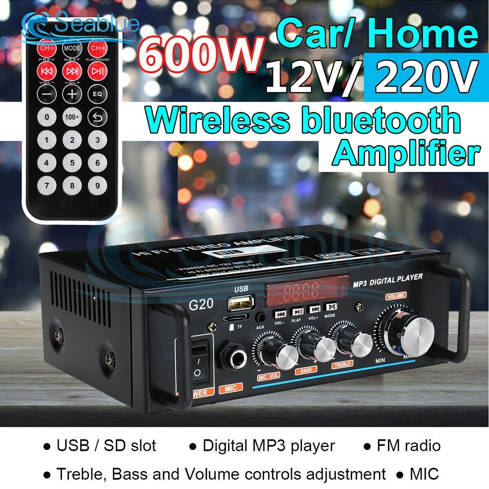 

12V/110V-220V 600W Audio Amplifier 2CH LCD Display Digital HIFI Powers Amplifier Bluetooth FM Car Home Stereo Subwoofer W/Remote