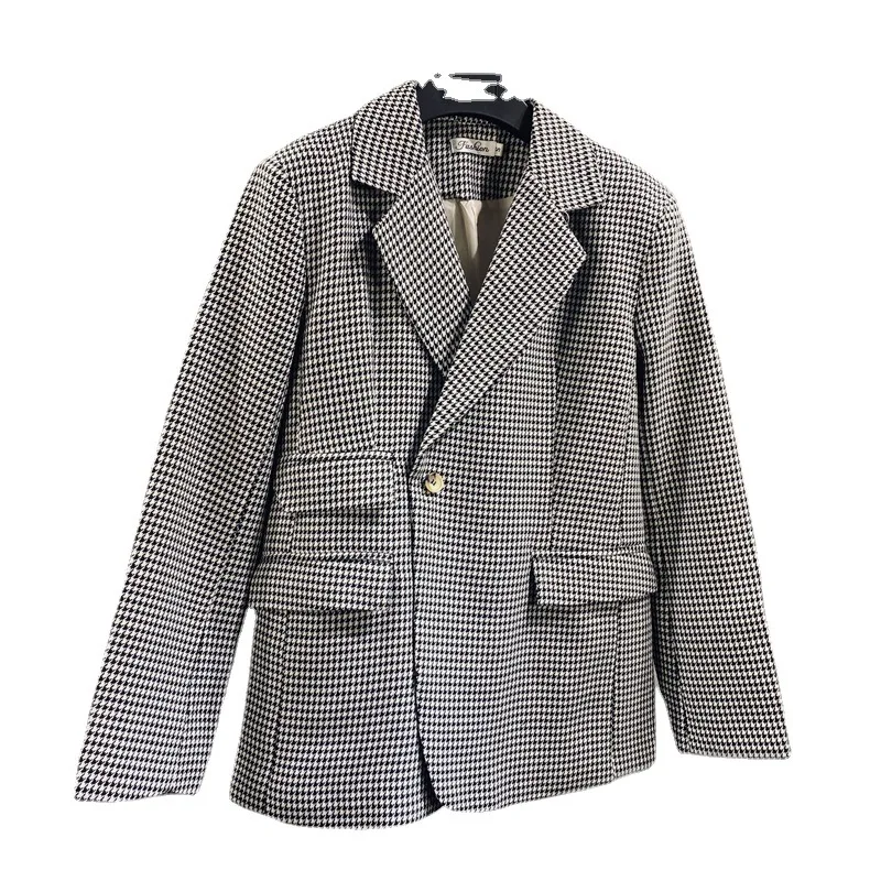 

Vintage Loose Women Houndstooth Plaid Blazer 2021 Autumn Chic Double Breasted Female Suit Jackets Stylish Ladies Blazer
