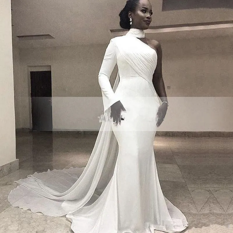 

2020 African White High Neck Mermaid Long Evening Dresses One Shoulder Ruched Sweep Train Formal Party Red Carpet Prom Gown