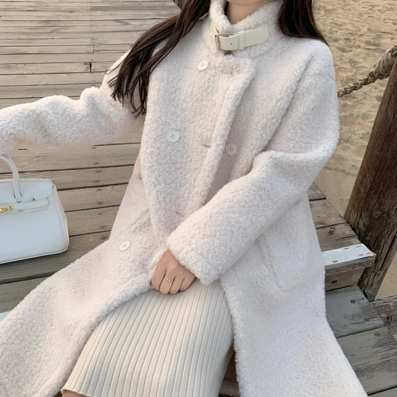 Однотонное шерстяное пальто из овечьей шерсти женские зимние теплые толстые