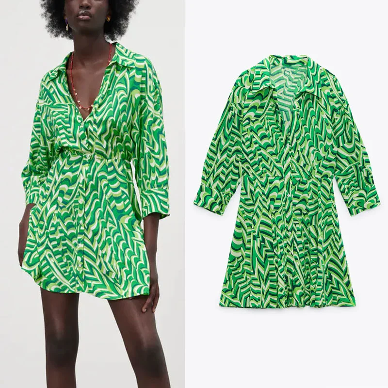 

Женское винтажное мини-платье с принтом Za, зеленое платье с отложным воротником, V-образным вырезом и длинным рукавом, офисное плиссированно...