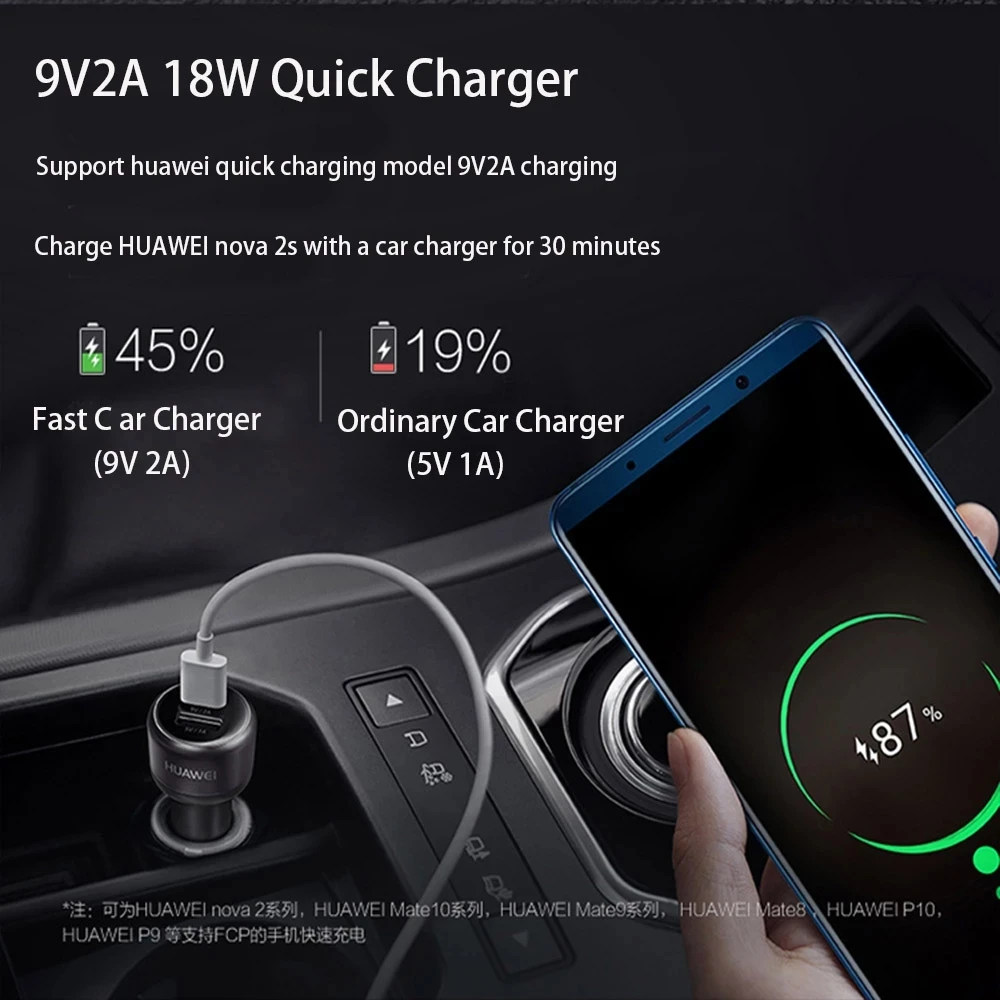 Original Huawei CP31 Fast Car Charger 18W Quick charger 9V/2A &amp Type-C Cable For P10 P9 P8 Lite Mate 7 8 20 Nova 2i | Мобильные