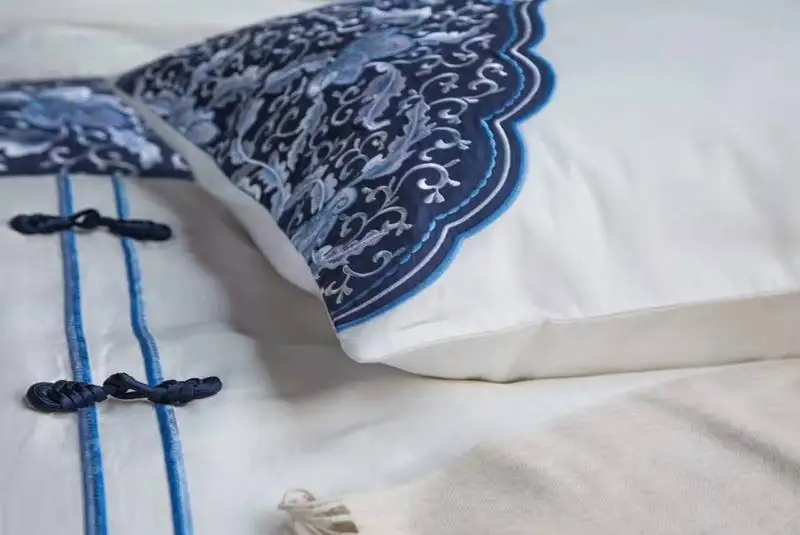 

4/6/7Pcs Egypt Cotton Blue and white Classical Bedding Set Chinese knot Duvet cover set Bed Sheet Pillowcases Queen King Size