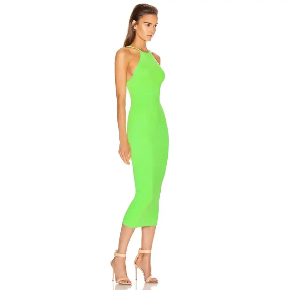 New Summer Green Midi Bandage Dress Sexy Halter Sleeveless Bodycon Vintage Vestios Bandagem Celebrity Women Dresses | Женская одежда