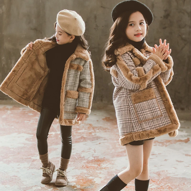 Подростковое плотное шерстяное кашемировое пальто в клетку для девочек