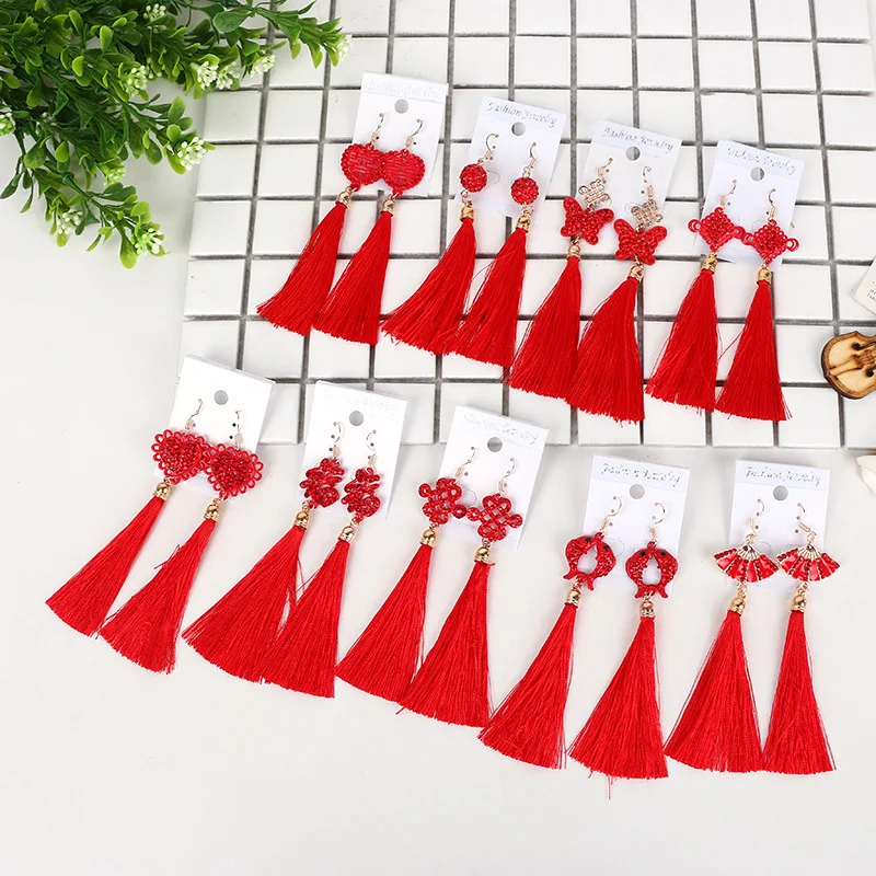 

Popular Traditional Holiday Red Lantern Chinese Knot Carp Long Earrings Tassel Earrings Drop Earrings for Women Jewelry Earings