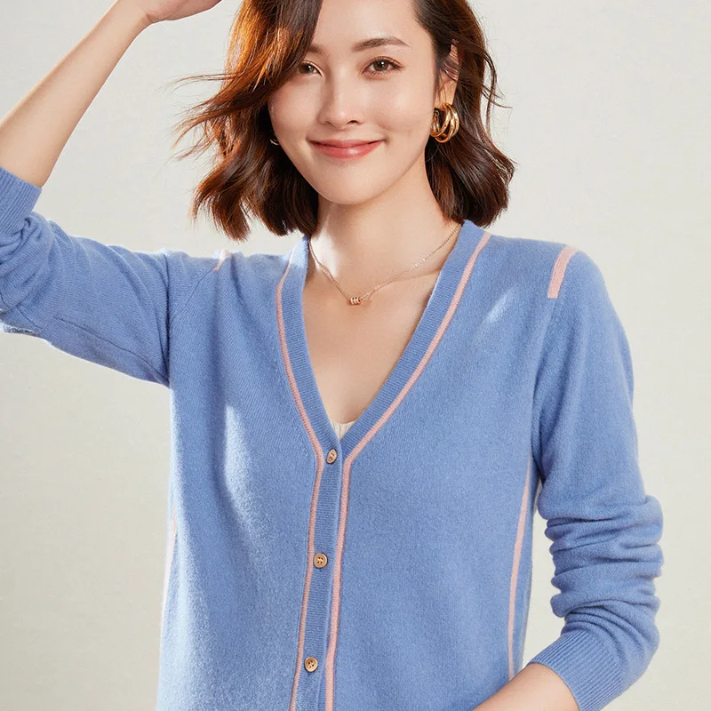 

Color-Blocking Wool Knitted Cardigan Women's Jacket 2021 Spring Autumn New V-Neck College Style Light Soft Loose Short Sweater
