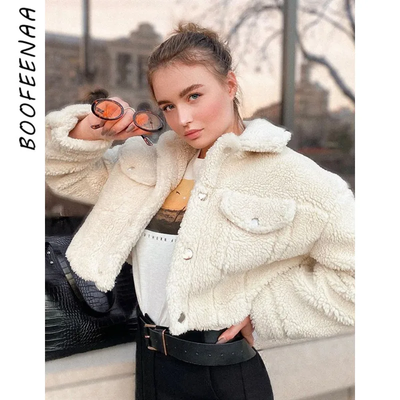 BOOFEENAA зимнее пальто с мишкой Тедди, Женская шерстяная куртка, милые повседневные пальто и куртки, модная флисовая верхняя одежда из овечьей шерсти C67AG17