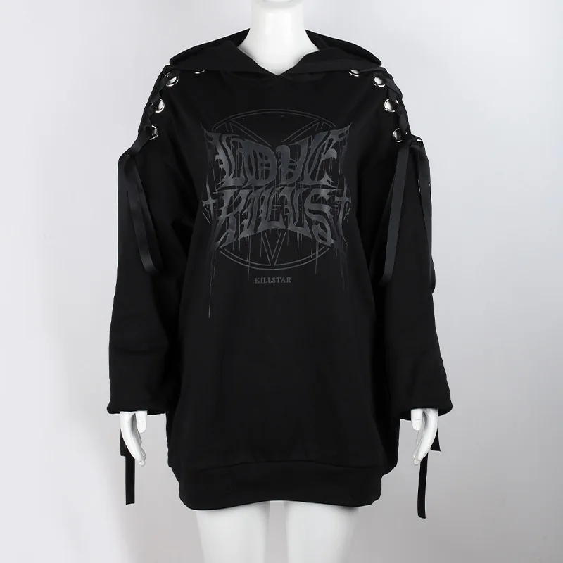 Y Demo готический черный женский пуловер с капюшоном и длинным рукавом на шнуровке