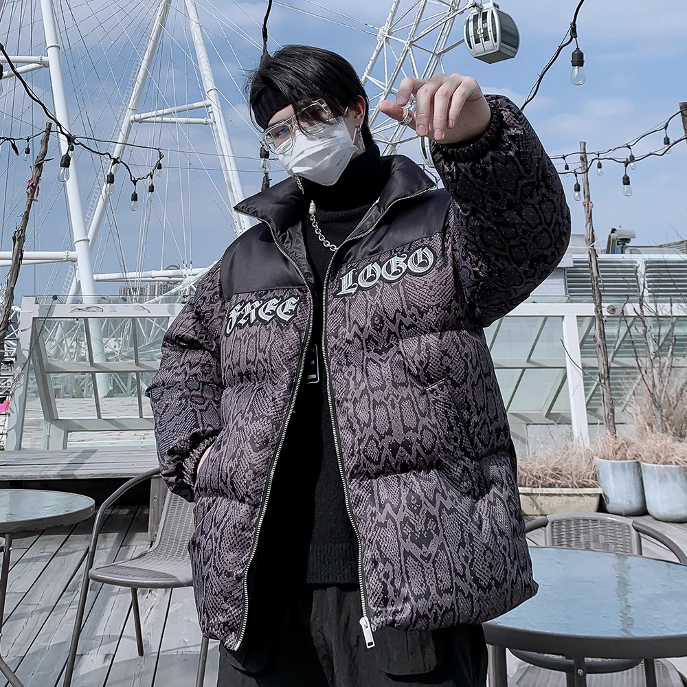 

Winter Parkas Men Jackets Hip Hop Snakeskin Python Pattern Print Color Block Patchwork Zipper Cotton Padded Thick Coat Tops