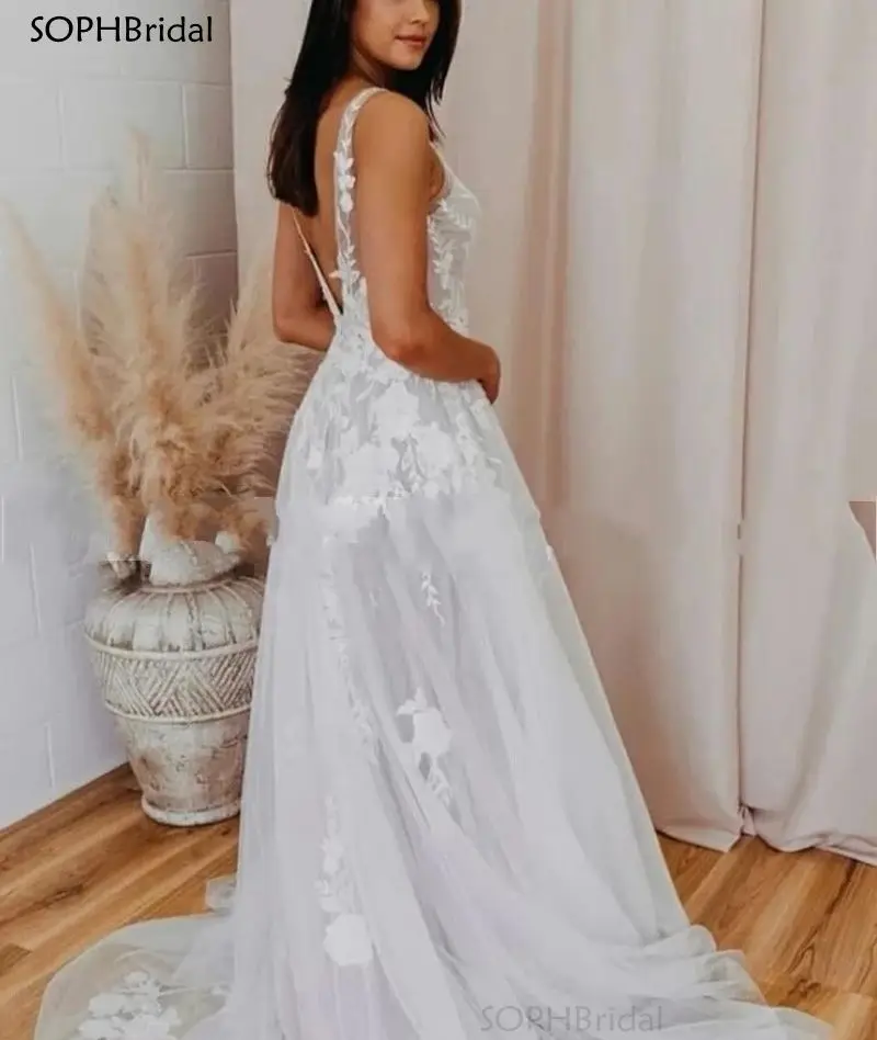 

New Arrival V Neck Wedding Dresses Modern Boho Lace Appliques A Line Backless Bride Dresses Wedding Gowns Vestidos de novia