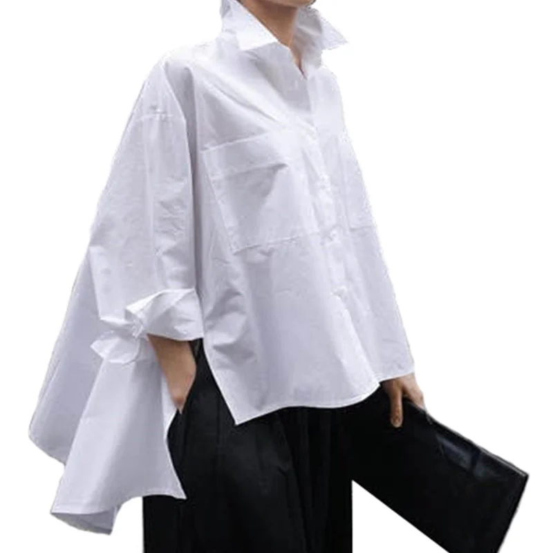 

IEQJ Women Korean Chic Cloak-shaped Long-sleeved White Irregular Shirt Blouse New Lapel Loose Shirt Fashion Autumn 2021 3F1610