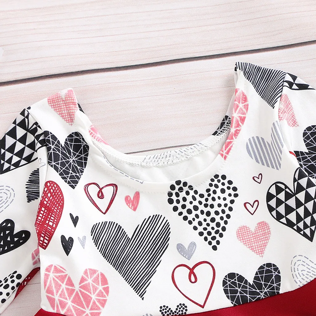 Children Girl Round Neck Long Sleeve Valentine Heart Print Princess Dress Платье Для Девочки | Детская одежда и