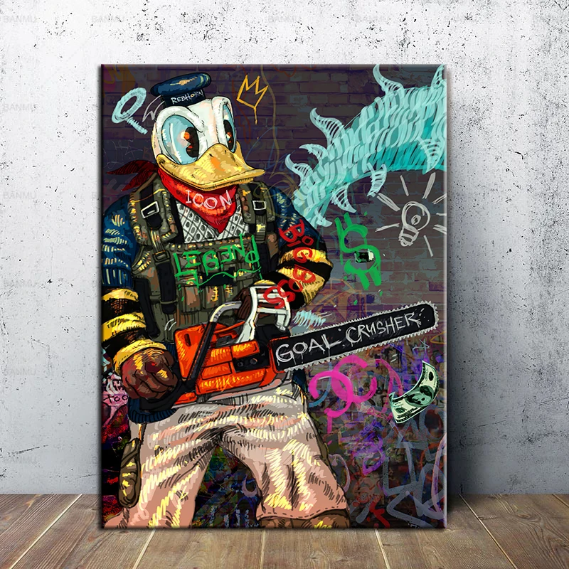 

Cartoon Duck Holding Electric Drill In Hand Make Money Canvas Painting Wall Art Picture Street Poster Cuadros Bedroom Room Decor