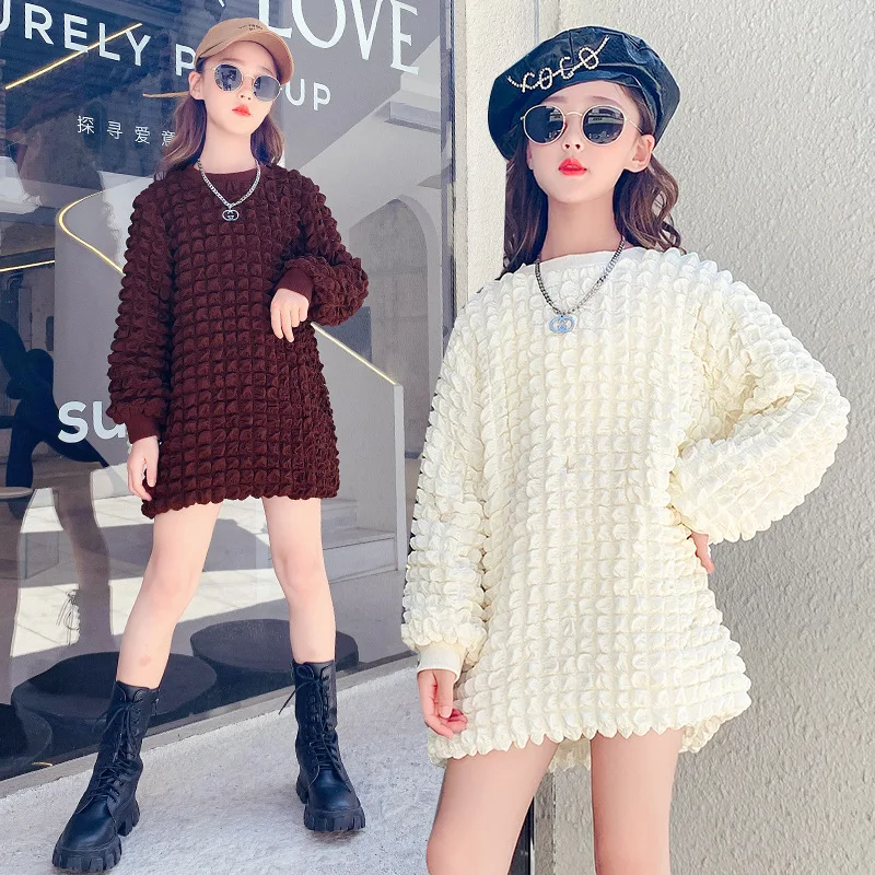 

Длинное клетчатое платье для девочек-подростков, Новинка весна-осень 2021, модный свободный свитер с длинным рукавом для девочек, Длинный топ ...