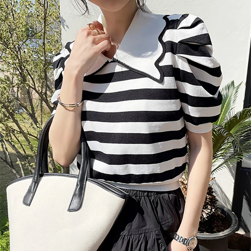 

summer Korean style thin stripe knit T-shirt with short sleeves women tops 3139#
