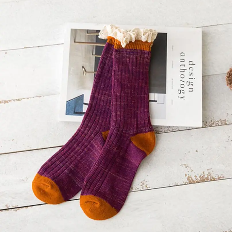Thick Cotton Socks for Women Lace Cuff Ribbed Marled Yarn Multi Winter Ankle Socks Warm Crew Sock 5Pairs/ Lot