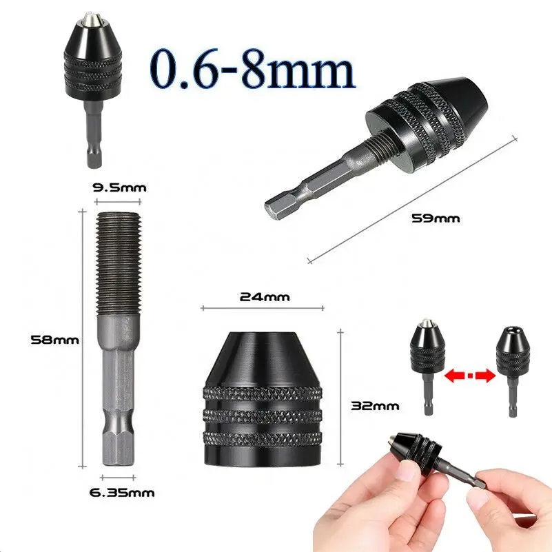 

0.6-8mm1/4" Hex Shank Keyless Drill Bit Chuck Screwdriver Quick Change Converter Impact Driver Adaptor Motor Shaft Chuck