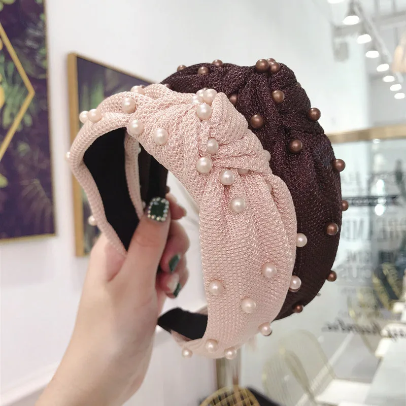 Корейские сетчатые клетчатые тканевые ленты для волос с бусинами ободок ручной