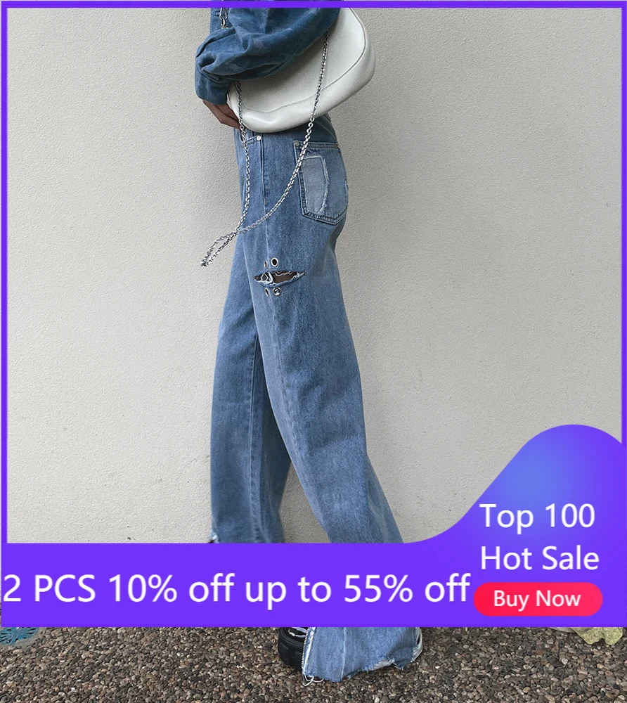 

jeans for women nine points high waist button cowboy ruffle loose wide-legged pants female new blue trousers 4352#