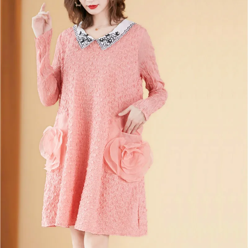 

Женское платье большого размера, Осень-зима 2020, вышитое бисером, отложной воротник, с длинными рукавами, эластичное, свободное, ТРАПЕЦИЕВИДН...