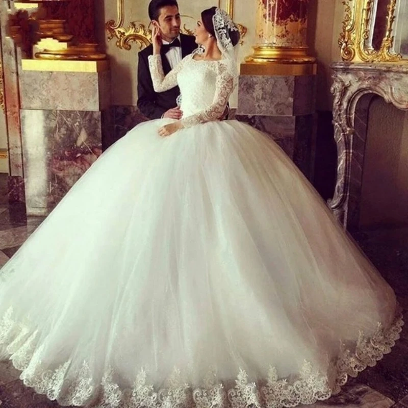 

Luxury HIgh Neck Tulle Ball Gown Wedding Dress 2021 Long Sleeves Charming Applique Vestido De Novia Floor-Length Wedding Dresses