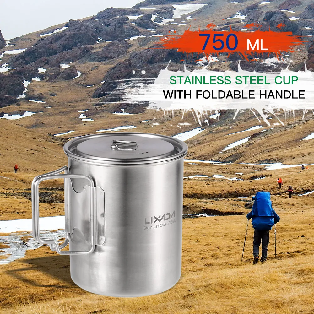 

Lixada 750ml Stainless Steel Pot Portable Water Mug Cup with Lid and Foldable Handle Outdoor Camping Cooking Picnic