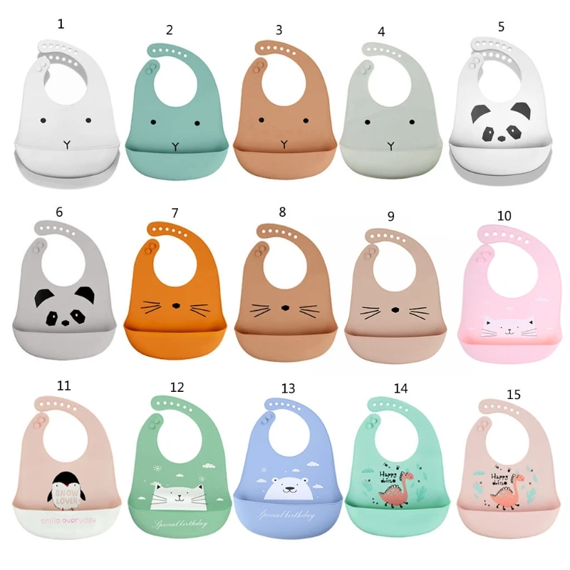 

Cartoon Waterproof Soft Silicone Baby Bibs Adjustable Toddler Feeding Food Catcher Roll up Pocket Feeding Stuff Apron