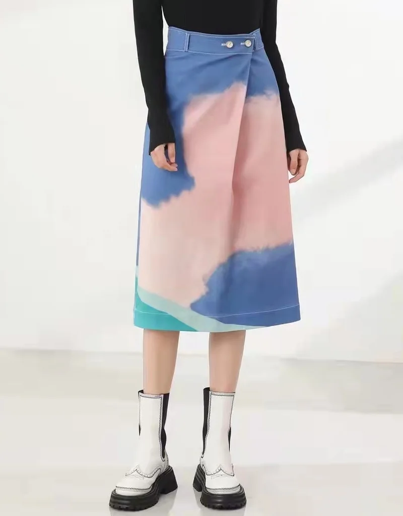 2021 Autumn Winter Fashion Denim Skirts High Quality Women Gradient Color Prints Mid-Calf Length Casual Cotton Jeans Skirts