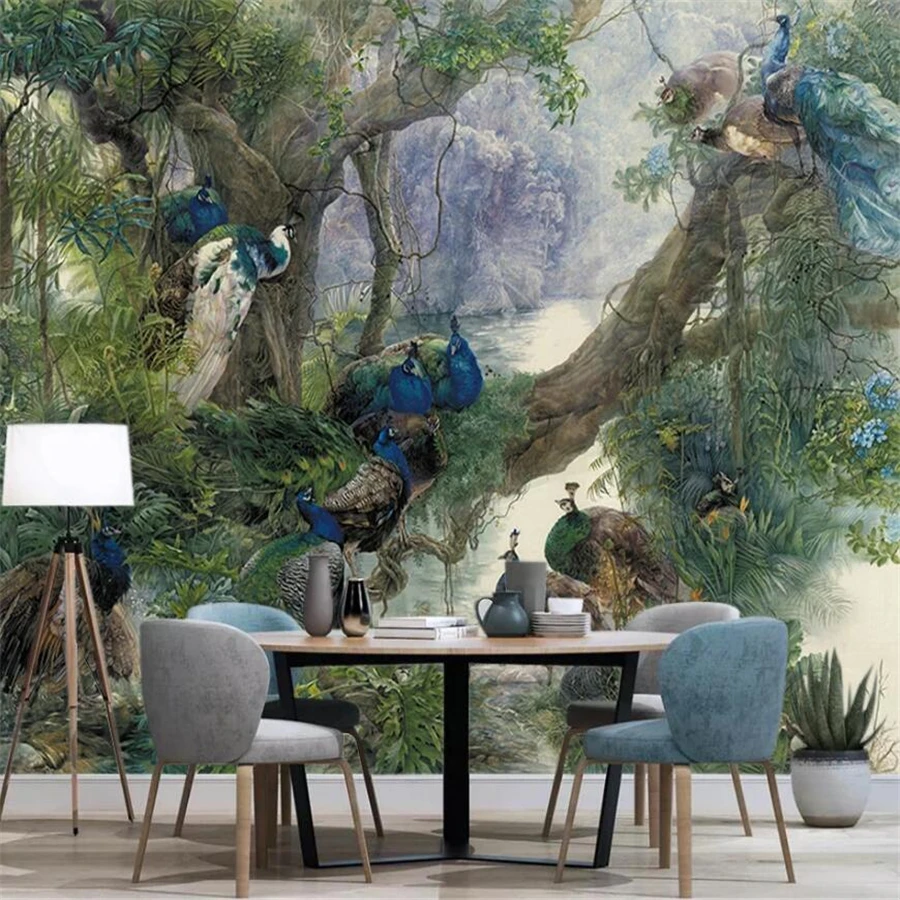Custom wallpaper 3d Chinese style peacock forest background wall living room bedroom hotel decoration painting papel de parede