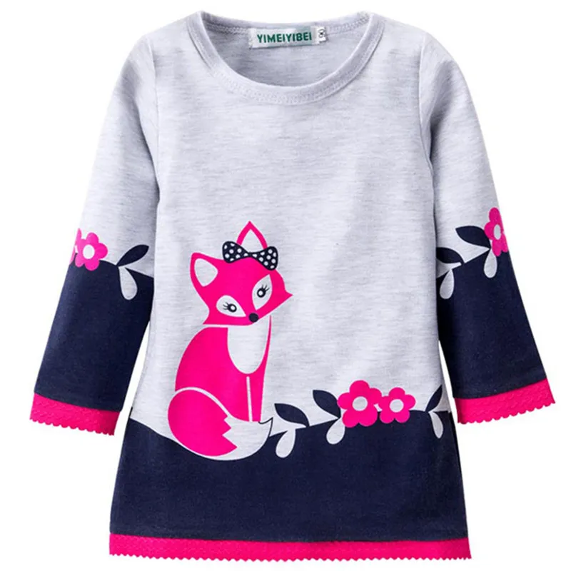 

Nice Brand Flower Fox Girl Dresses Autumn Girls Dress Printed Lace Baby Clothes Princess Sleeve Cotton Robe Children Cloth
