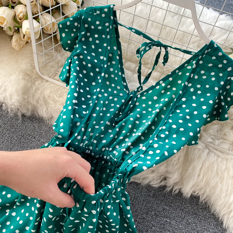 Женское летнее платье в горошек с V образным вырезом и открытой спиной|Женские