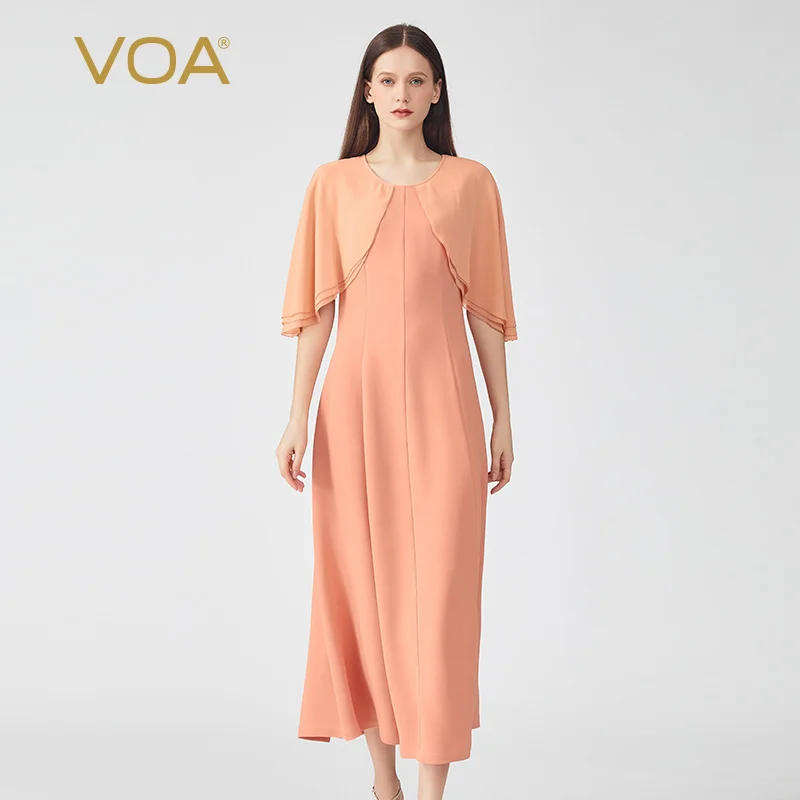 

VOA Elegant Cascading Ruffle Cloak Short Sleeves O-Neck Woman Silk Dress Summer Solid Slim Fit Flare Long Dresses Women AE1131