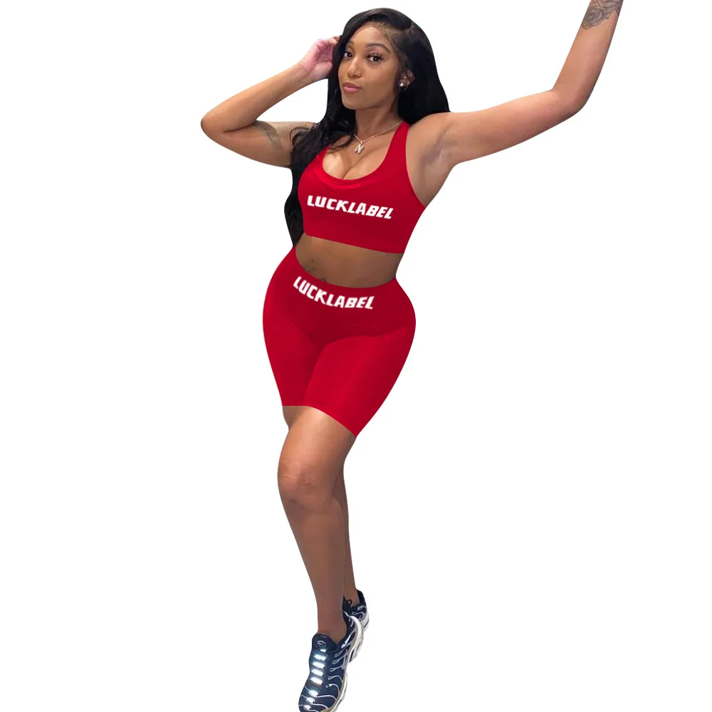 

Sports Style Two Piece Fashion Summer Women's Clothing Sexy Sleeveless Personality Letter Printing Casual Solid Color Short Suit