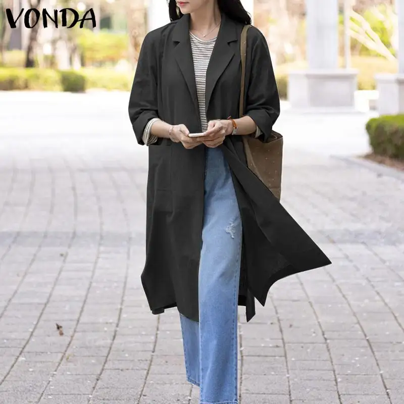 

VONDA Elegant Women Long Blazer 2021 Autumn Suits Blazer Lapel Buttons Long Sleeve OL Style Coats Fashion Loose Outwear Coats