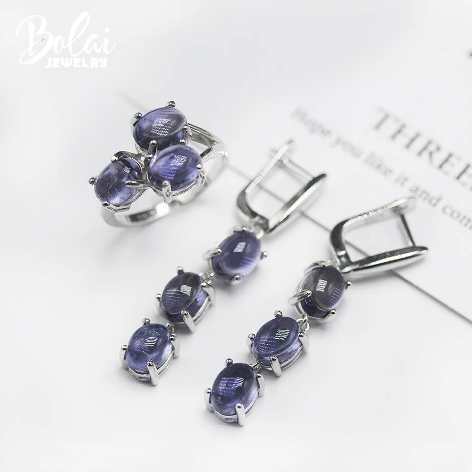 

Bolai Natural Iolite Jewelry Sets Kits 925 Sterling Silver Clasp Earrings Ring Cabochon 8*6mm Gemstone for Women Nice Gift 2021