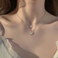 womens butterfly pendant necklace simple butterfly rhinestone neck chains double layer choker trendy jewelry gift for friend