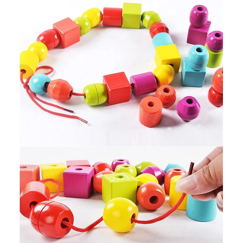 

Kids Geometric Shape Wooden Blocks Threading Beads Sorting Stacking & Plugging Learning Toys Gift for Toddler