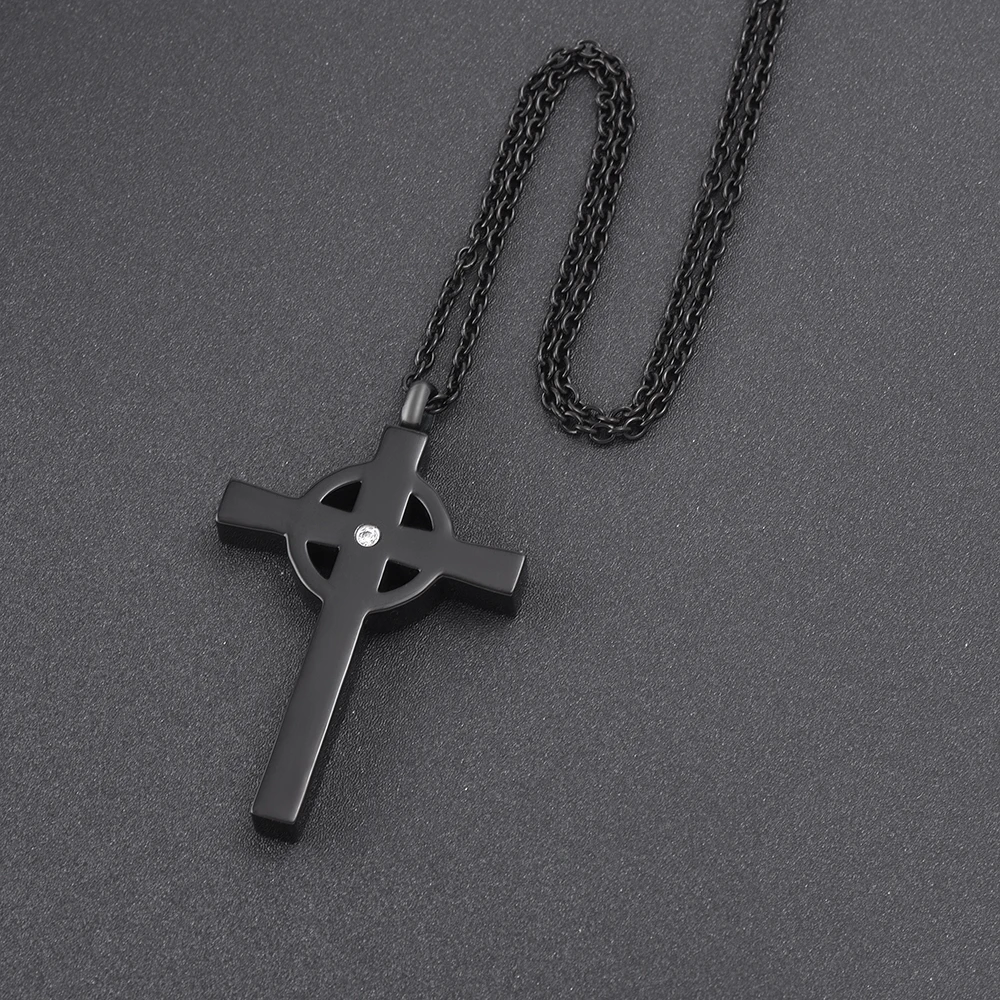 

Black Christian cross crystal in middle stainless steel Pendant custom memorial jewelry men necklace urn keepsake ash holder