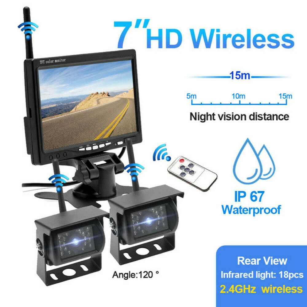 

7 Inch Car Infrared Monitor 18 Infrared Lights Backup Camera Wireless Reversing Camera Waterproof TFT LCD Monitor for Truck Bus