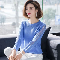hollow sweater womens loose spring and autumn 2021 new short long sleeved shirt thin lace knit bottoming shirt top