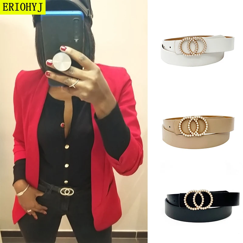 

Leather Belt Women Waist Luxury Black Red Belts for Jeans Dresses Woman Pearl Studded Buckle Girls Ladies Fashion Decorative