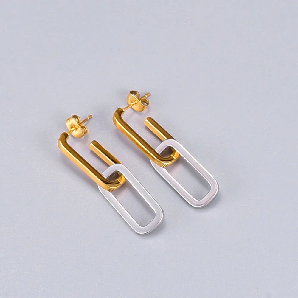 

Wholesale E123ab Chain Asymmetrical Array Oval Small Square Ring Silver Gold Cold Stud Earrings Titanium Steel Plated 18K Gift