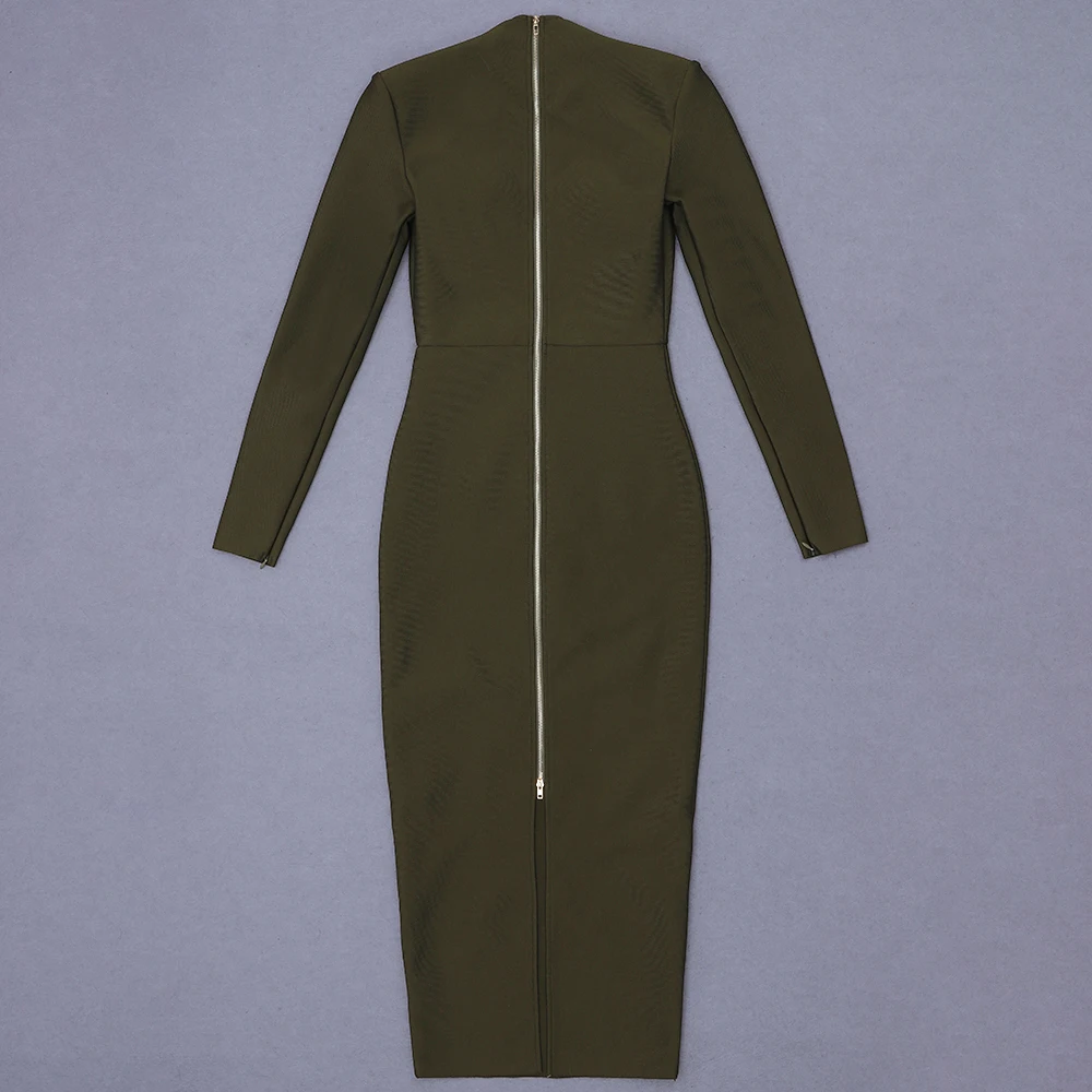 

Sale New Winter Women Sexy Designer Army Green Bandage Dress Ladies Elegant Long Sleeve Mid--calf Bodycon Party Dress Vestido