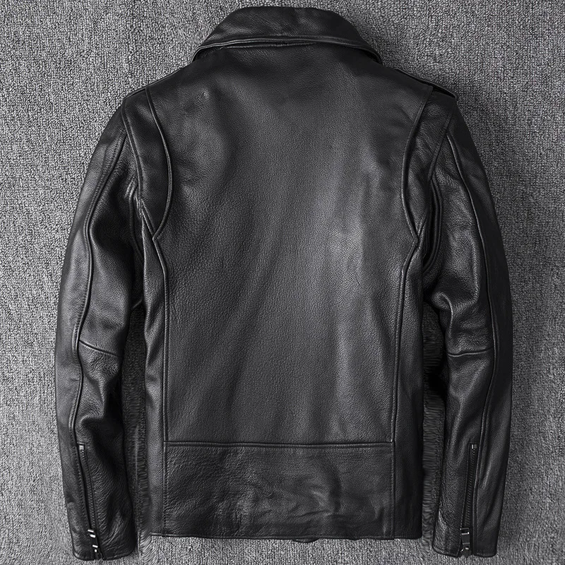 Мужская мотоциклетная куртка из натуральной кожи черная облегающая воловьей