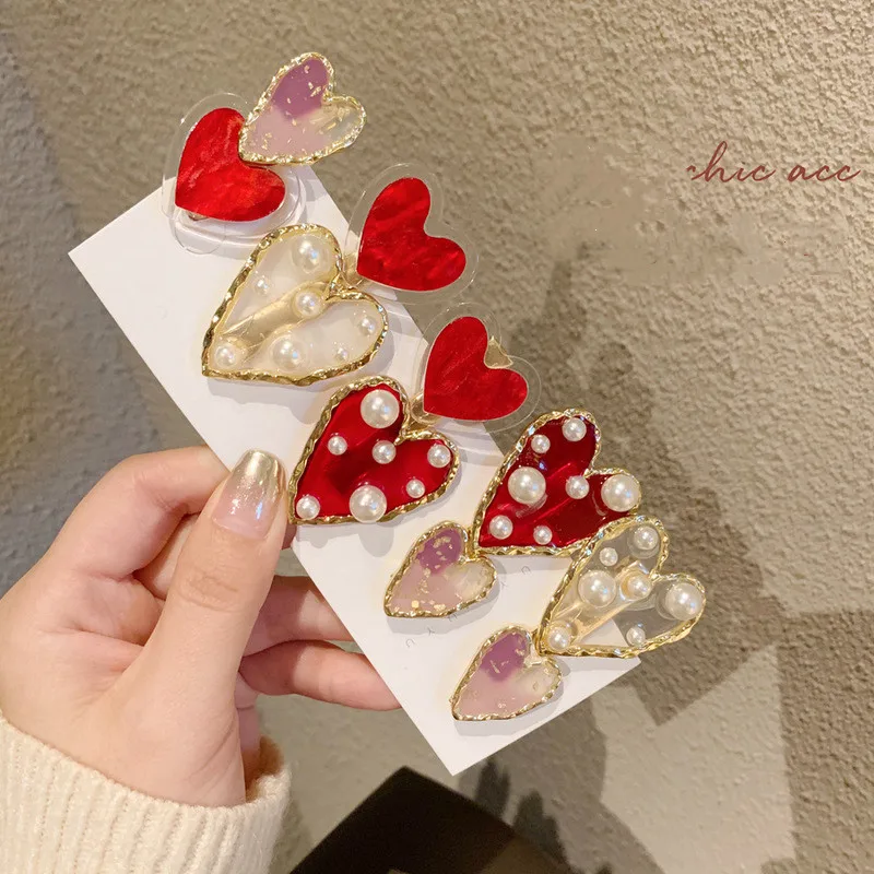 

2020 Korea Double Layer Heart Imitation Pearl Crystal Shiny Hairpins Red Oil Clear Hair Clips Hair Accessories for Women Girls